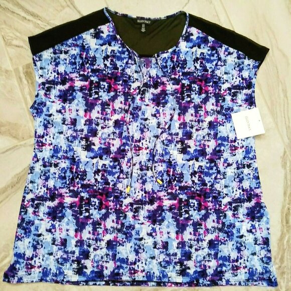 Ellen Tracy Knit Top 1X Blue Abstract Print Split Neck Cap Slv Chiffon Detail - Picture 1 of 8